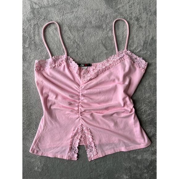 Vintage Y2K Pink Cami Tank Top Large USA Ruched Lace Fairy Dainty Stretchy 2000s - Picture 13 of 13